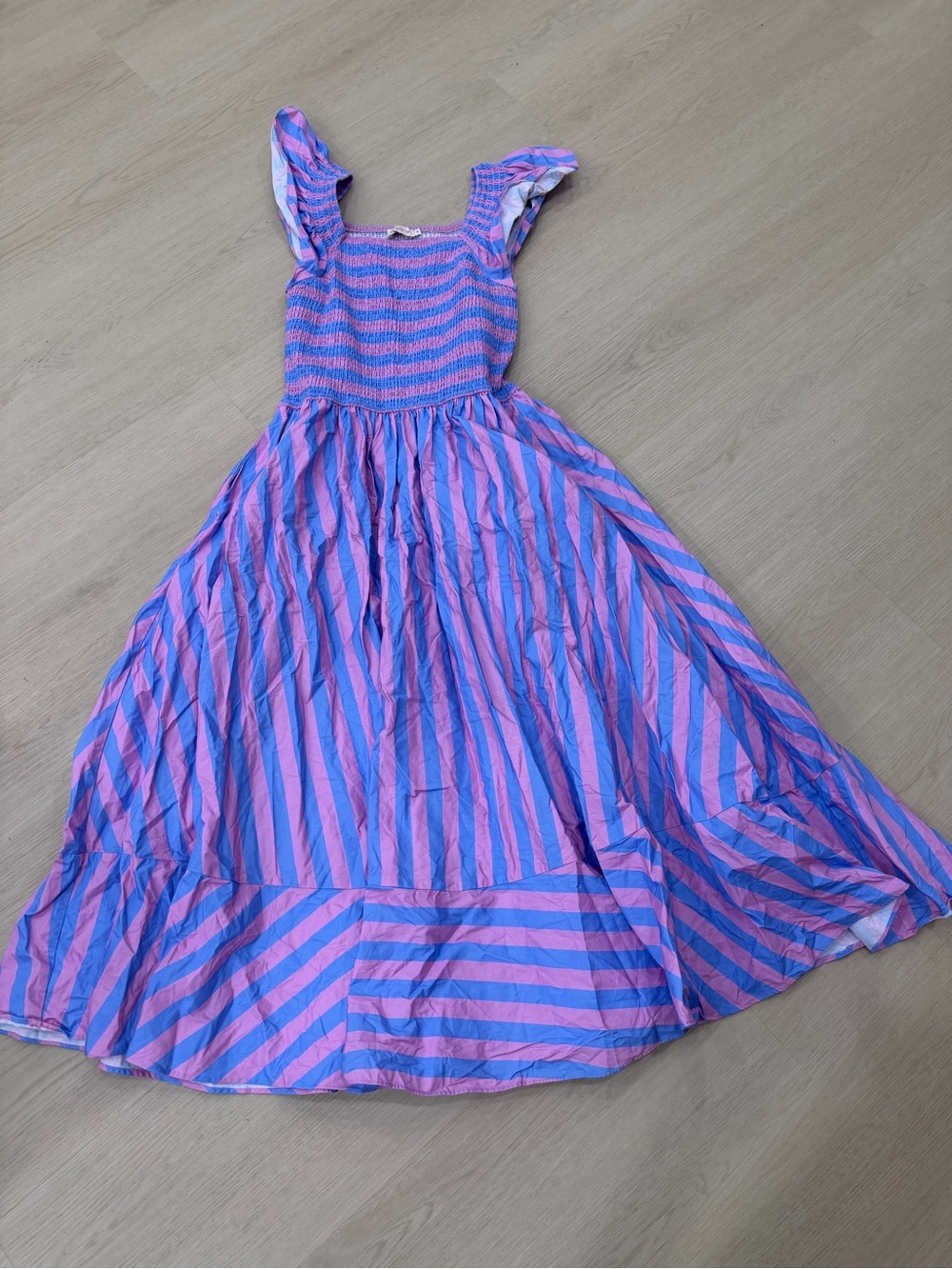Ivy City Co Striped Pink and Blue Midi Dress Wedding Guest Cotton